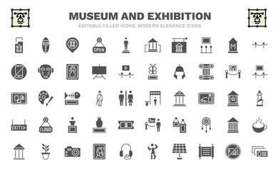 set of museum and exhibition filled icons. museum and exhibition glyph icons such as archivist, museum map, , no phone, pop art, metal detector, exit, antic architecture, postcards vector.