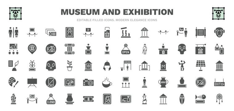 set of museum and exhibition filled icons. museum and exhibition glyph icons such as restroom, postcards, archivist, paper scroll, information desk, metal detector, photographic, closed,