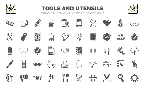 set of tools and utensils filled icons. tools and utensils glyph icons such as film strip photograms, highlight, carpentry, cross wrench, charged battery, postage, pencil tool, candies, vector.
