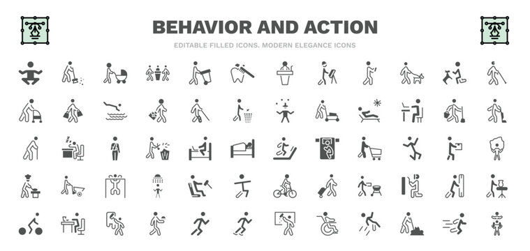 set of behavior and action filled icons. behavior and action glyph icons such as yoga position, man with baby stroller, brushing teeth, man and dog, man sunbathing, on treadmill, driving, painting