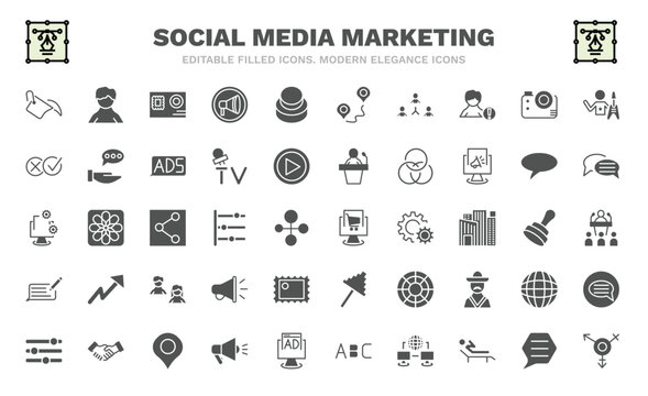 set of social media marketing filled icons. social media marketing glyph icons such as fill, letter with stamp, coordinating people, pros and cons, development, ecommerce, feedback, options,