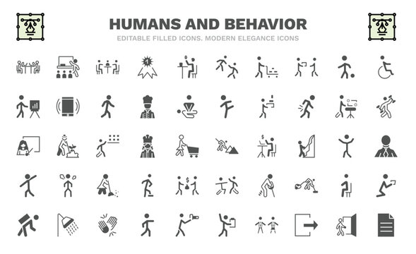 set of humans and behavior filled icons. humans and behavior glyph icons such as public work, business meeting, hotel supplier, business presentation, teachers, construction worker, showin, carrying