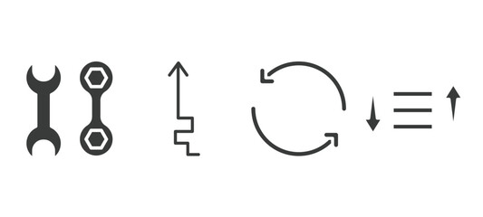 set of user interface filled icons. user interface glyph icons included mechanic tool, arrow heading up, circular arrow, sorting vector.