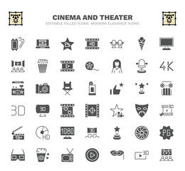 set of cinema and theater filled icons. cinema and theater glyph icons such as two movie tickets, cinema celebrity, chair, theatre seats, box office, 3d television, 3d movie, star movie award,