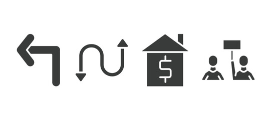 set of user interface filled icons. user interface glyph icons included left turn, bending, house value, industrial action vector.