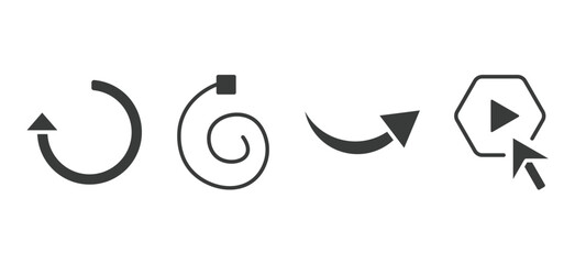 set of user interface filled icons. user interface glyph icons included refresh left arrow, spiral tool, curved arrows, press play button vector.