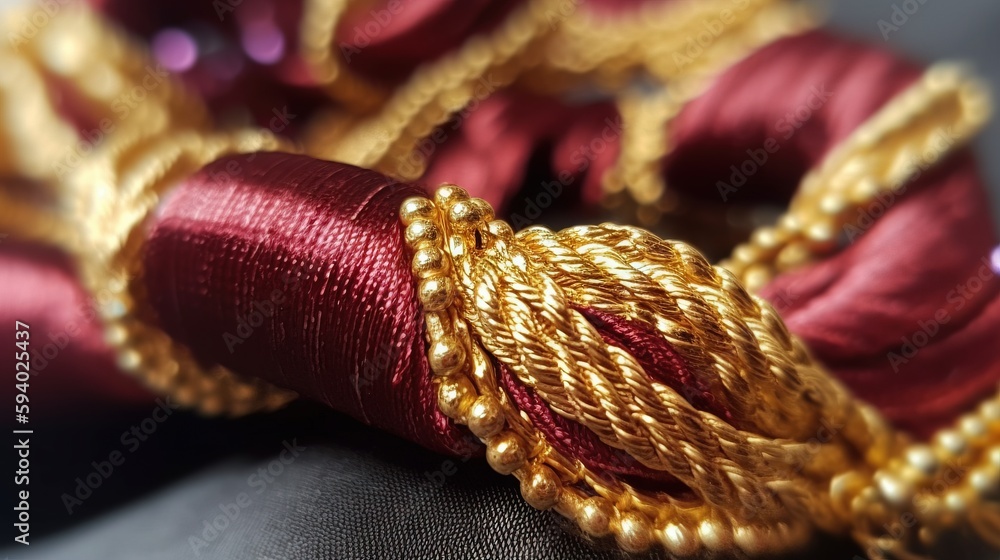 Poster a close up of a piece of cloth with gold thread on it and a red thread on the end of the piece of cl