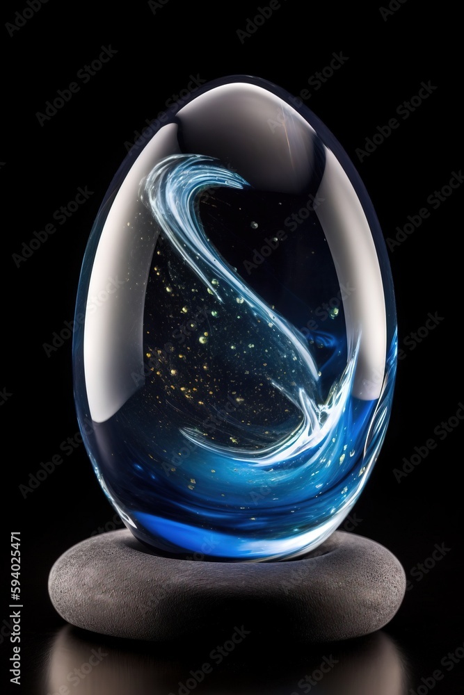 Poster a glass ball with a swirl in it on a black background with a black background and a white circle wit
