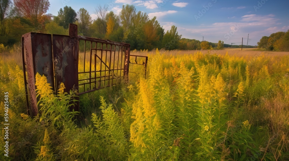 Poster a rusted out gate in a field of tall grass and weeds with a blue sky in the background and clouds in