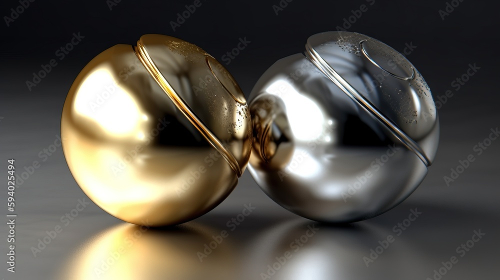 Poster two shiny metal balls with lids on a reflective surface with a reflection on the floor and a black b