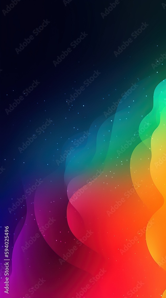 Poster a rainbow colored background with stars in the sky and a black background with a white dot in the mi