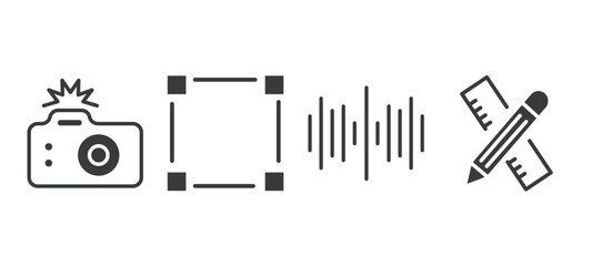 set of tools and utensils filled icons. tools and utensils glyph icons included camera with flash, basic square, sound wave bars, carpentry vector.