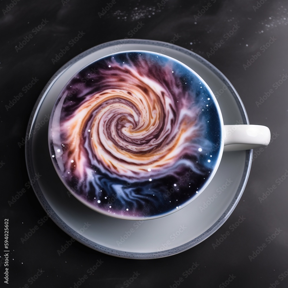 Poster a cup of coffee with a swirl in the middle of it on a saucer on a black surface with stars and a bla
