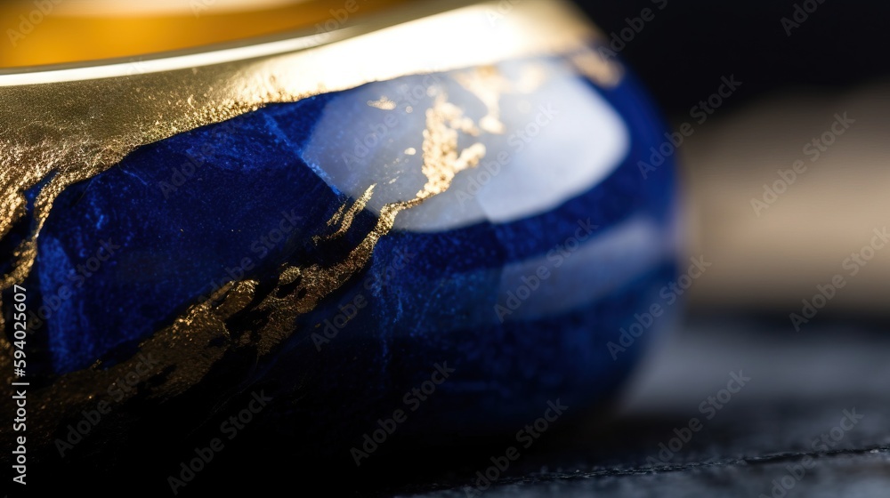 Aufkleber a close up of a blue and gold vase on a table top with a black background and a blurry image of the 