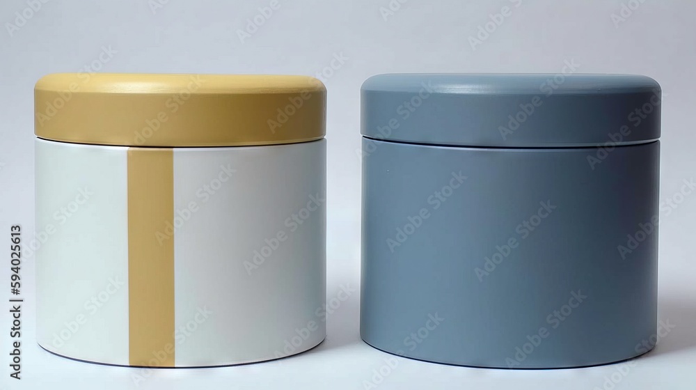 Poster a couple of containers sitting next to each other on a white tablecloth covered tablecloth with a ye