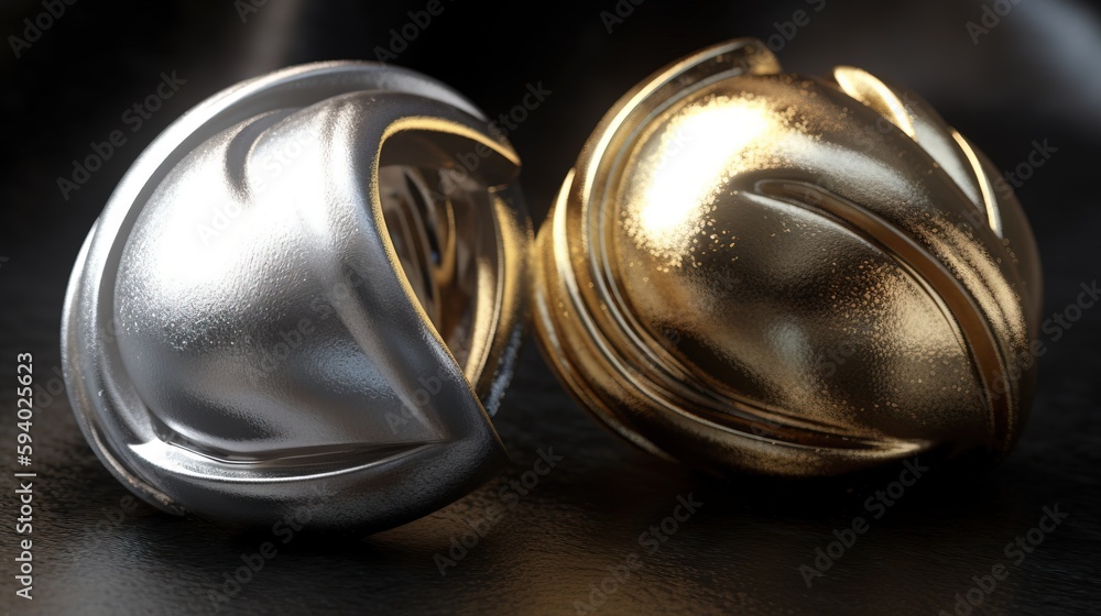 Poster a close up of two metal objects on a table with a black background and a gold and silver object in t