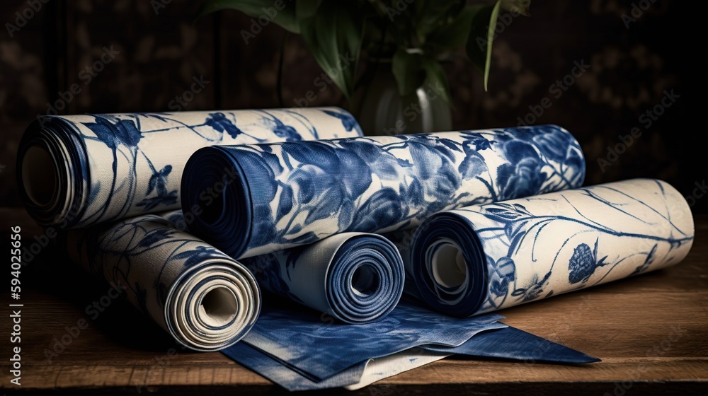 Poster rolled up rolled up blue and white paper on a wooden table with a vase of flowers in the background 
