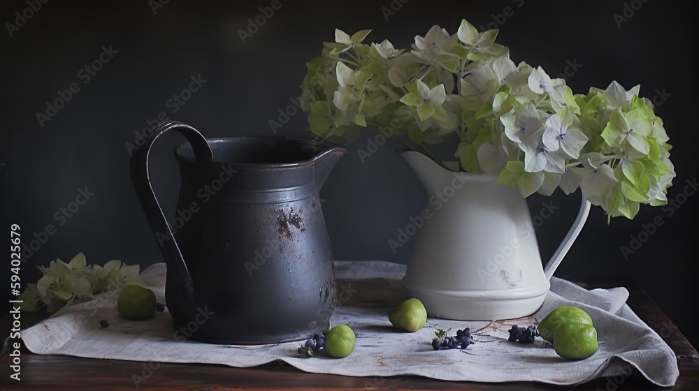 Poster a vase of flowers and some green apples on a table cloth and a white pitcher with green flowers in t