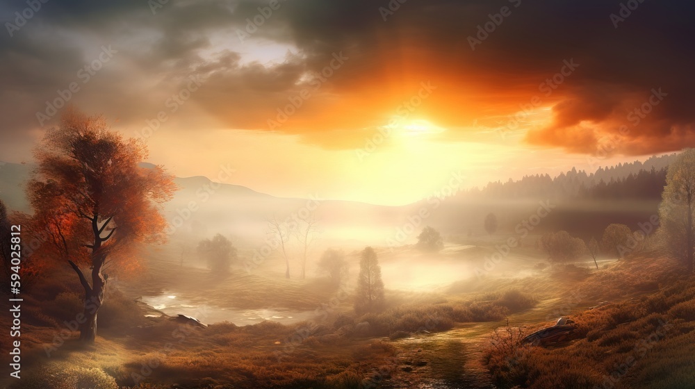 Poster a painting of a sunset over a river with trees and mountains in the background and fog in the air, w