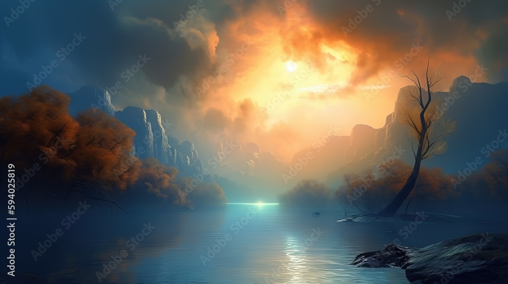 Poster a painting of a sunset over a lake with a tree in the foreground and a mountain in the background wi