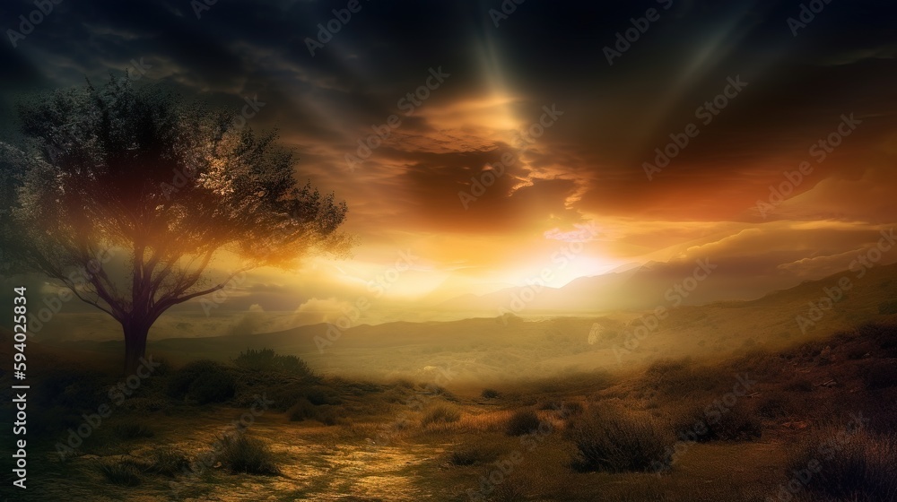 Poster a lone tree in a field with a sunset in the backgrouund of the sky and clouds in the background, wit