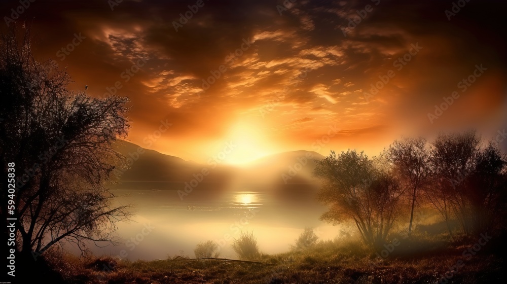Poster the sun is setting over a lake with trees in the foreground and a mountain in the distance with a bo