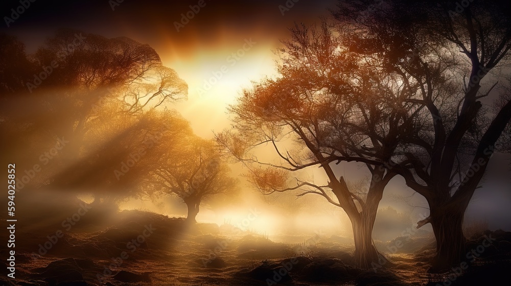 Aufkleber the sun is shining through the trees in the foggy forest with the sun shining through the trees in t