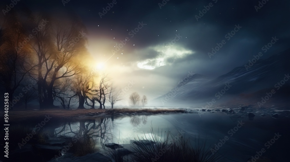 Poster a painting of a night scene with a lake and trees in the foreground and a full moon in the sky in th