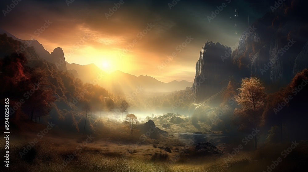 Poster a painting of a sunset in a mountainous area with trees and mountains in the background and a river 