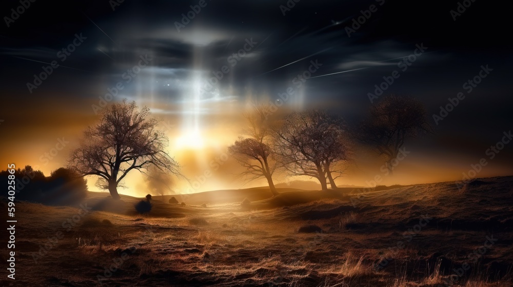 Poster a painting of trees in a field with a light beam coming from the sky above them in the background is