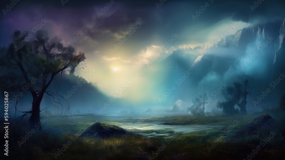 Poster a painting of a river in a forest at night with a bright light coming through the clouds and a tree 