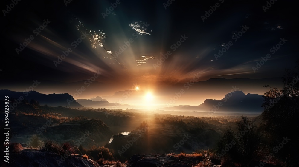Poster the sun is setting over a mountain range with trees and mountains in the background and a dark sky w