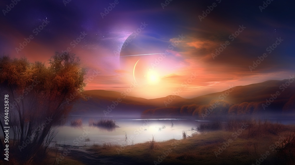 Poster a painting of a landscape with a lake and mountains in the background and a sunset in the foreground