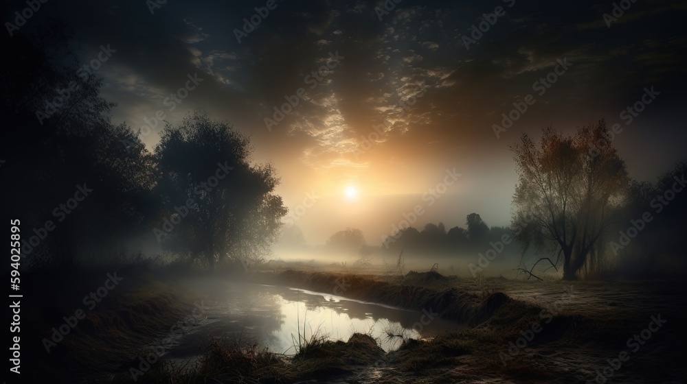 Poster the sun is setting over a river in the foggy forest with a few trees on the bank and a few ducks in 
