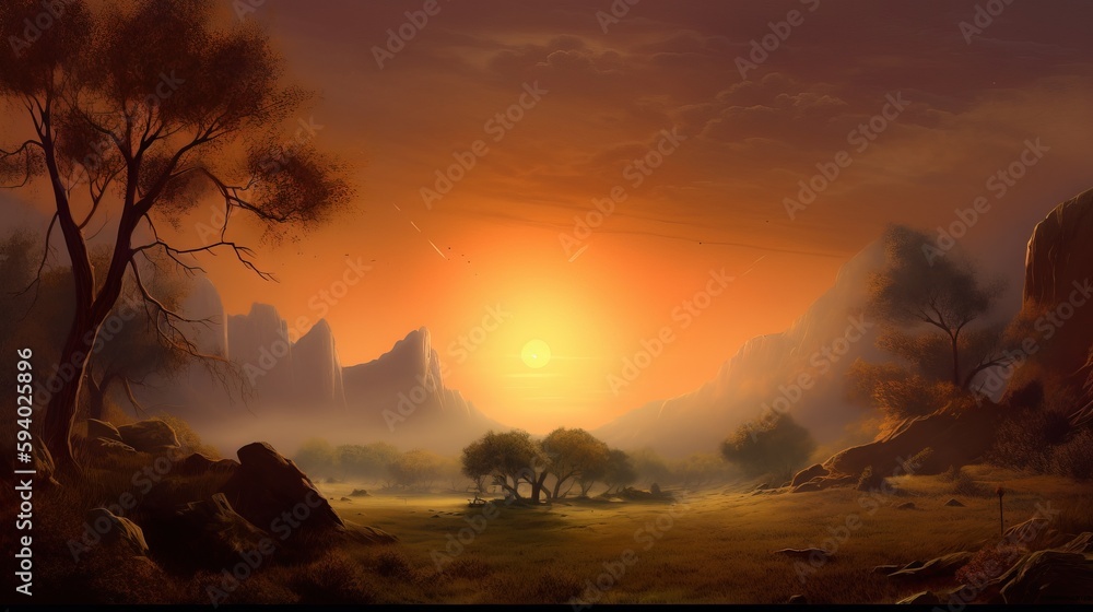 Poster a painting of a sunset with trees and rocks in the foreground and a distant mountain range in the di