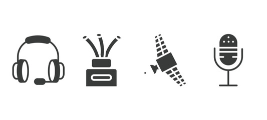 set of technology filled icons. technology glyph icons included big headphones, tinsel, satellite in orbit, radio microphone vector.