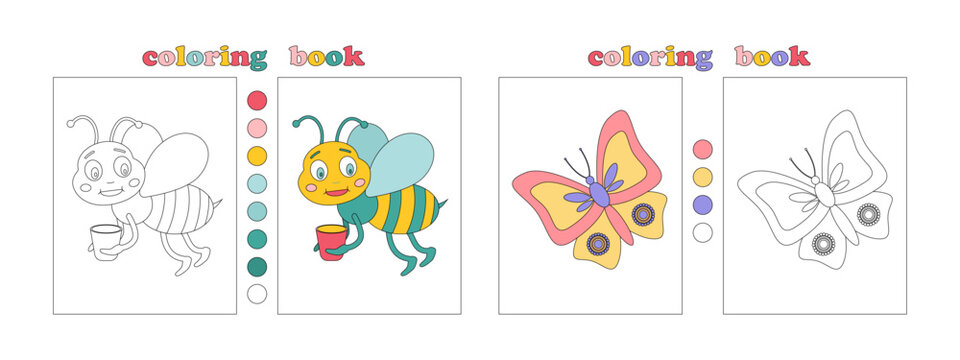 Coloring book page template for kids. Decorate butterfly. Funny pictures of animals waiting for coloring. Decorate bee. Coloring book with flower samples for youngest. Children Education. Vector	