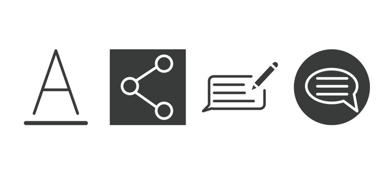 set of social media marketing filled icons. social media marketing glyph icons included letter color, photo share, feedback, suggestion vector.