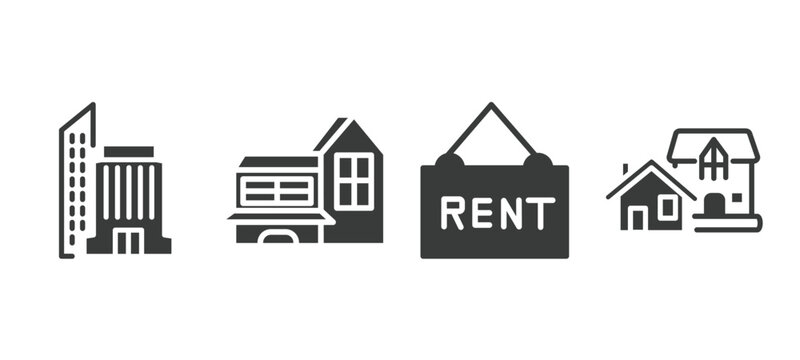 set of real estate industry filled icons. real estate industry glyph icons included office building, modern house, rent, houses vector.