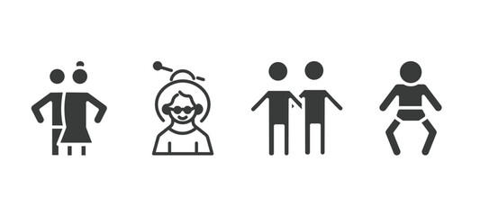set of people and relation filled icons. people and relation glyph icons included snuggle, old woman, friends, baby with diaper vector.