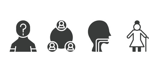 set of people and relation filled icons. people and relation glyph icons included unknown, serve, throat, elder vector.