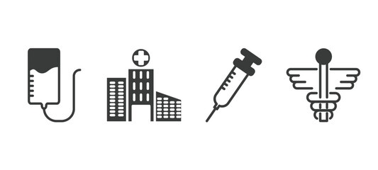 Fototapeta premium set of medical and healthcare filled icons. medical and healthcare glyph icons included plasma, hospital building front, syringe with medicine, caduceus vector.