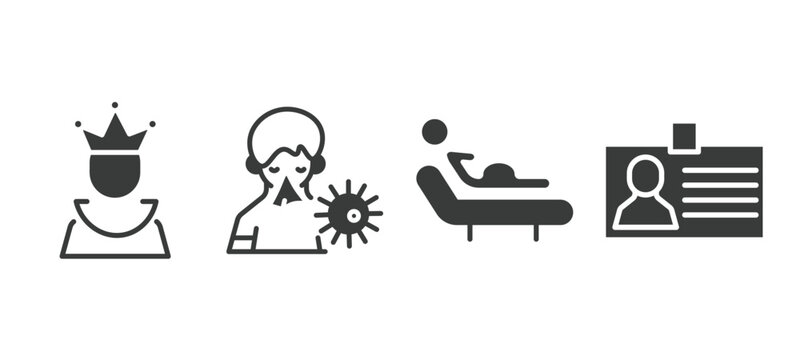 set of people and relation filled icons. people and relation glyph icons included empress, sickness, birth, identification ard vector.
