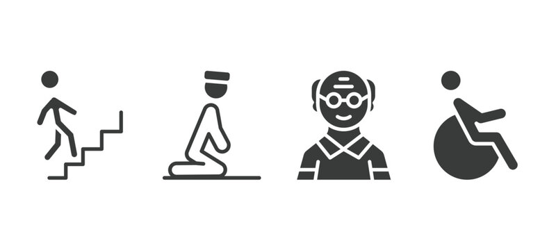 set of people and relation filled icons. people and relation glyph icons included walking downstairs, julus, old man, handicapped vector.
