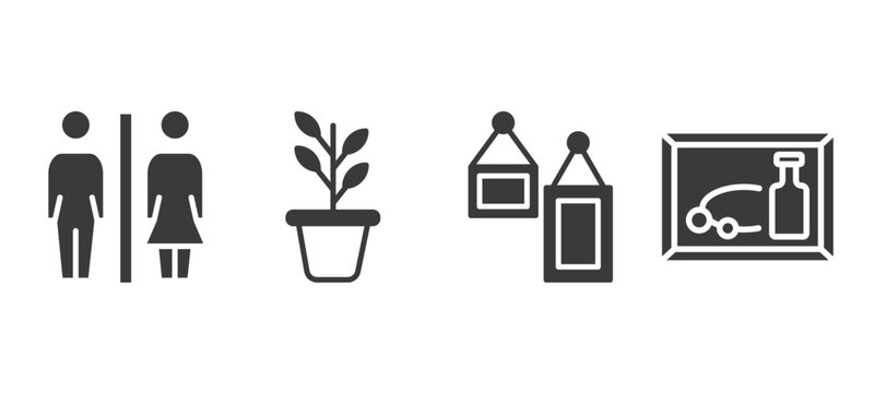 set of museum and exhibition filled icons. museum and exhibition glyph icons included restroom, botanical, acrylic, still life vector.