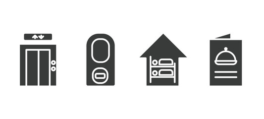 set of hotel and restaurant filled icons. hotel and restaurant glyph icons included elevator, do not disturb, hostel, menu vector.