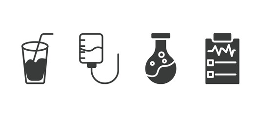 set of health and medical filled icons. health and medical glyph icons included juice, medical drip, poisonous, result vector.