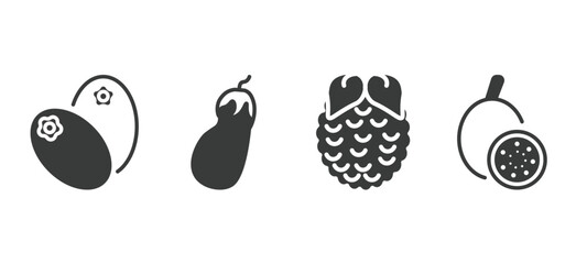 set of vegetables and fruits filled icons. vegetables and fruits glyph icons included breast milk fruit, eggplant, raspberry, passion fruit vector.