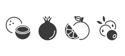 set of vegetables and fruits filled icons. vegetables and fruits glyph icons included coconut, pomegranate, grapefruit, blueberry vector.