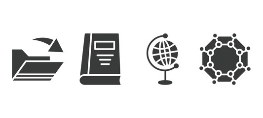 set of education filled icons. education glyph icons included open file, closed book with marker, classroom globe, chemical diagram vector.